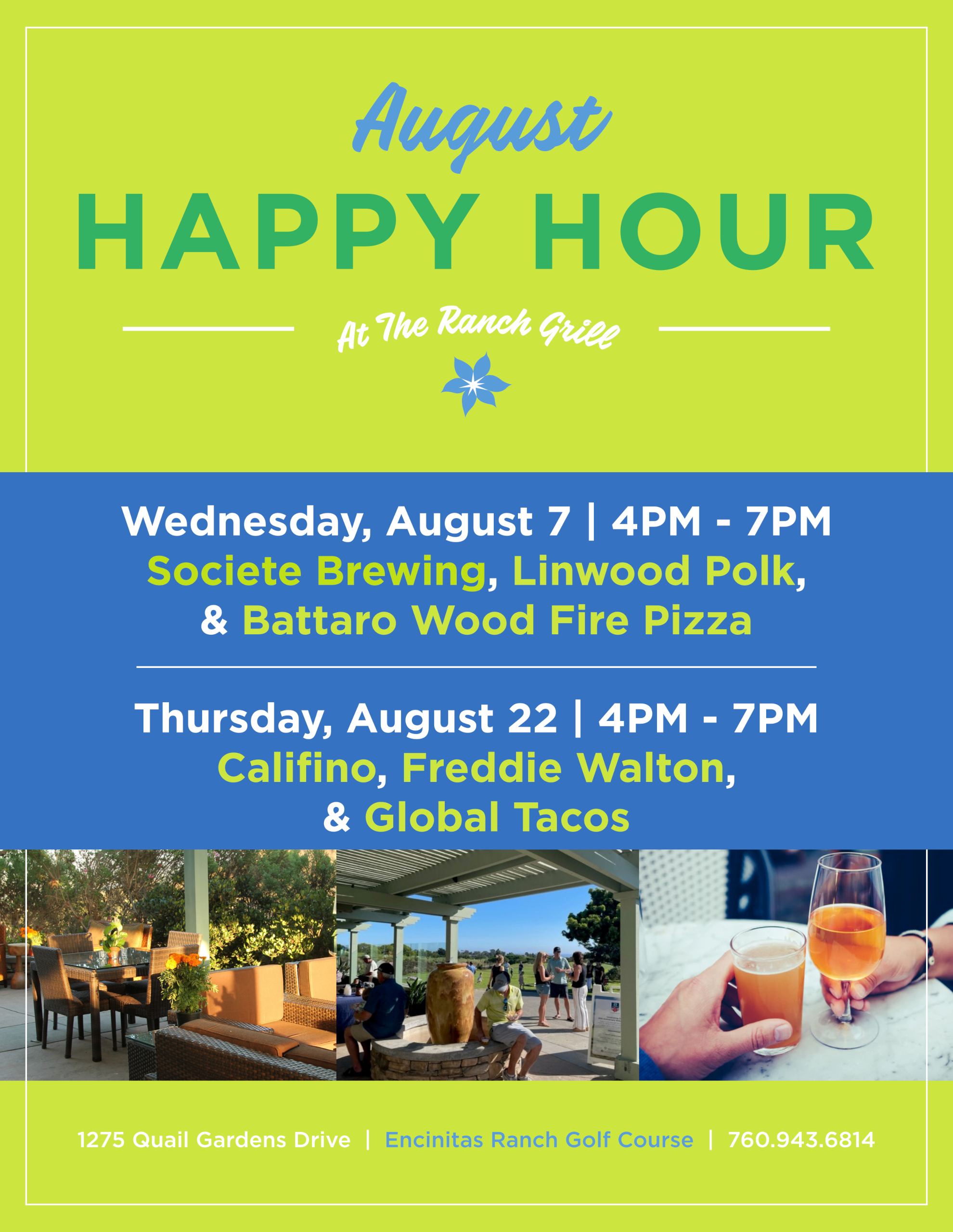 Encinitas Ranch Golf Course | Events Calendar - (August 2024) Encinitas Ranch Golf Course Events Calendar – (August 2024) ERGC (August 22nd, 2024) August Happy Hour At The Ranch Grill (Event / Flyer)